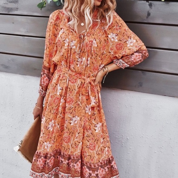 Boho floral print belted 3/4 sleeve dress - Picture 4 of 9
